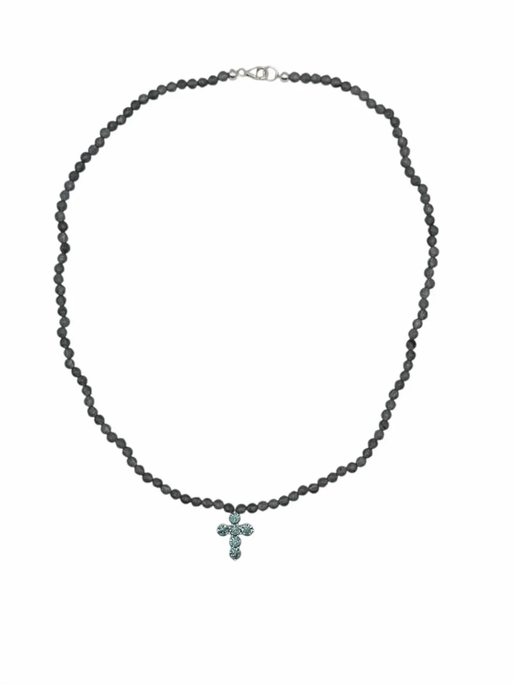 Vintage NOS 925 Sterling Silver Swarovski Crystal Cross Gray Beaded Necklace